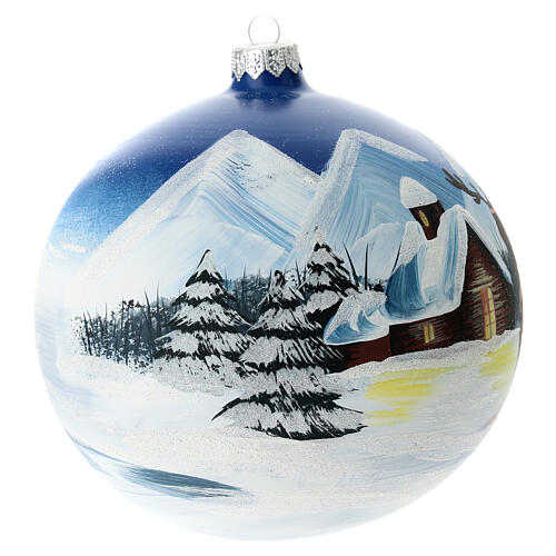 Blown glass Christmas ball, matte light blue, snowy landscape with reindeer, 150 mm 4