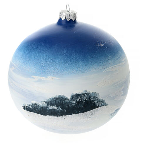 Blown glass Christmas ball, matte light blue, snowy landscape with reindeer, 150 mm 5