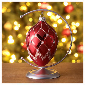 Oval blown glass Christmas ball, matte red and silver, 100 mm