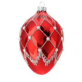 Boule de Noël ovale rouge perles et losanges verre soufflé 100 mm