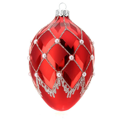 Boule de Noël ovale rouge perles et losanges verre soufflé 100 mm 1