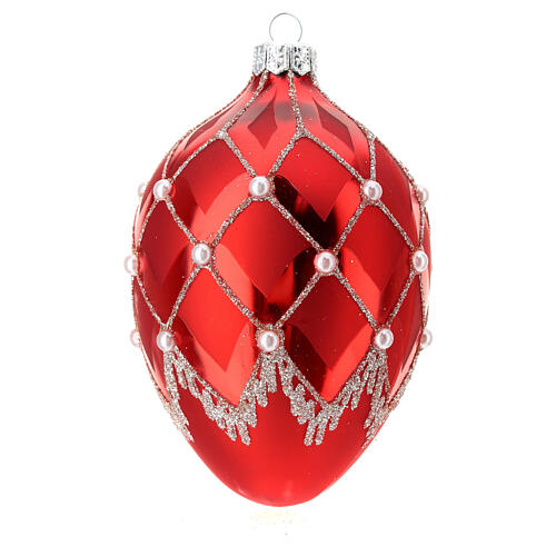 Pallina di Natale ovale rosso pietrine vetro 100mm 1