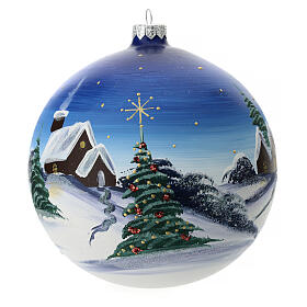 Christmas ball with moutain cabin and Christmas tree, light blue blown glass, 150 mm