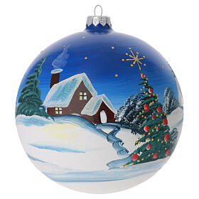 Christmas ball with moutain cabin and Christmas tree, light blue blown glass, 150 mm