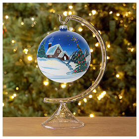 Christmas ball with moutain cabin and Christmas tree, light blue blown glass, 150 mm