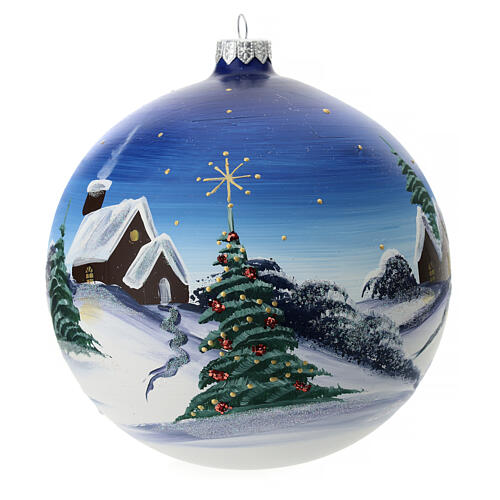 Christmas ball with moutain cabin and Christmas tree, light blue blown glass, 150 mm 1