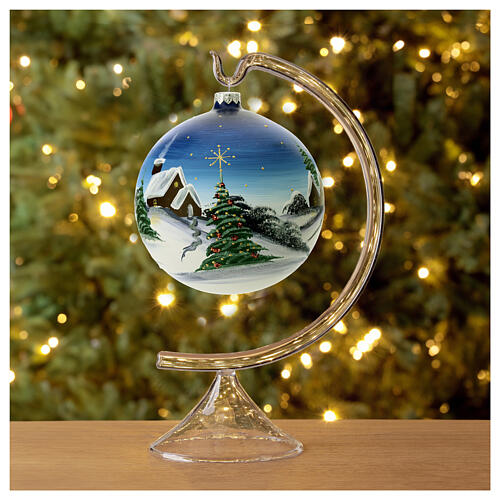 Christmas ball with moutain cabin and Christmas tree, light blue blown glass, 150 mm 4