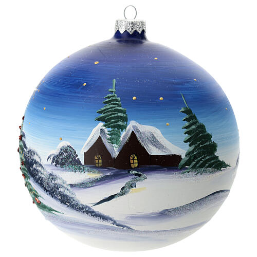Christmas ball with moutain cabin and Christmas tree, light blue blown glass, 150 mm 6