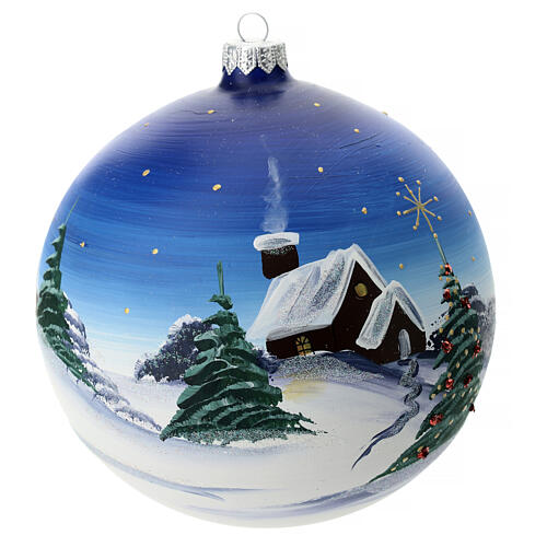 Christmas ball with moutain cabin and Christmas tree, light blue blown glass, 150 mm 8