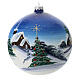 Christmas ball with moutain cabin and Christmas tree, light blue blown glass, 150 mm s1