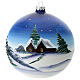 Christmas ball with moutain cabin and Christmas tree, light blue blown glass, 150 mm s6
