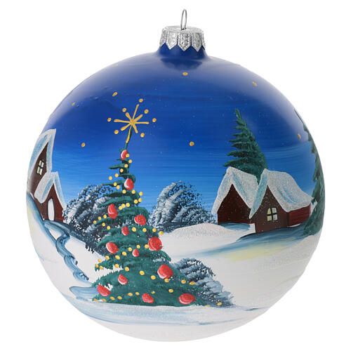 Boule de Noël bleu ciel paysage enneigé avec sapin verre soufflé 150 mm 3