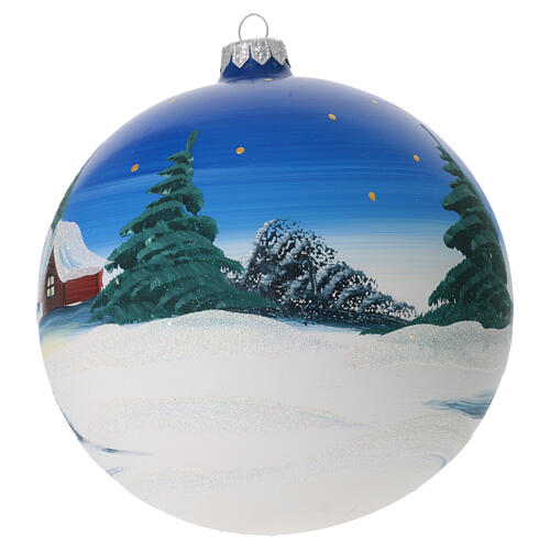 Boule de Noël bleu ciel paysage enneigé avec sapin verre soufflé 150 mm 5