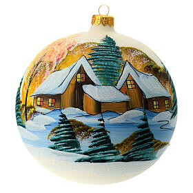Christmas ball with moutain cabin at dawn, white blown glass, 150 mm