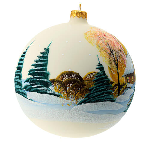 Christmas ball with moutain cabin at dawn, white blown glass, 150 mm 3