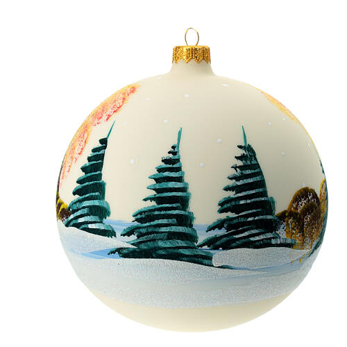 Christmas ball with moutain cabin at dawn, white blown glass, 150 mm 5