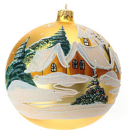 Christmas ball with moutain cabin and snowy landscape, golden blown glass, 150 mm