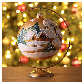 Christmas ball with moutain cabin and snowy landscape, golden blown glass, 150 mm