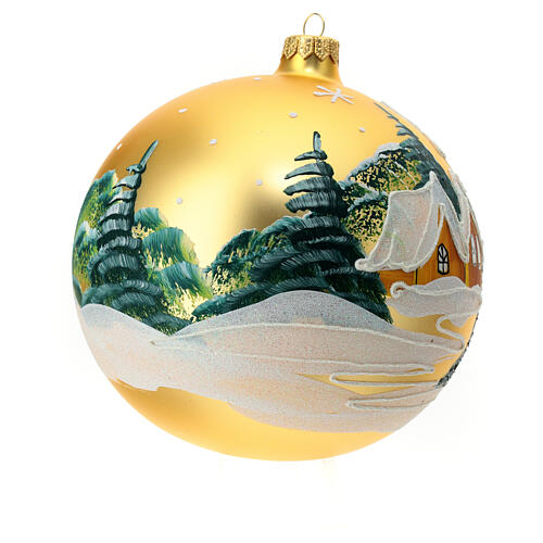 Christmas ball with moutain cabin and snowy landscape, golden blown glass, 150 mm 3