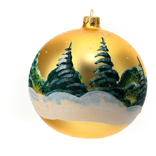Christmas ball with moutain cabin and snowy landscape, golden blown glass, 150 mm 5
