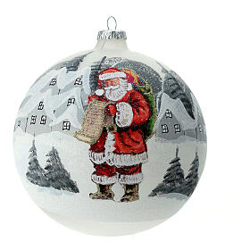 Christmas ball with snowy village and Santa Claus, white blown glass, 150 mm