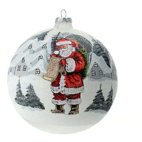 Christmas ball with snowy village and Santa Claus, white blown glass, 150 mm 1