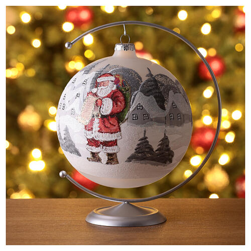 Christmas ball with snowy village and Santa Claus, white blown glass, 150 mm 2