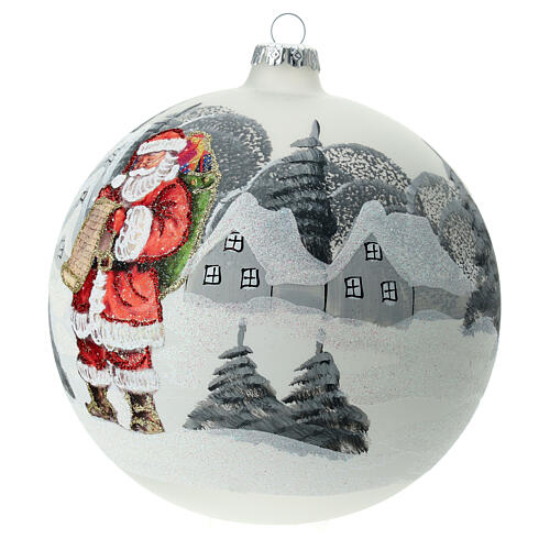 Christmas ball with snowy village and Santa Claus, white blown glass, 150 mm 3