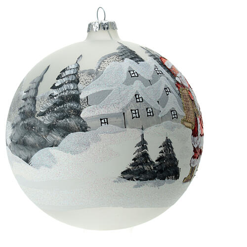 Christmas ball with snowy village and Santa Claus, white blown glass, 150 mm 4