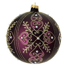 Christmas ball with glittery golden heart pattern and beads, dark purple blown glass, 150 mm