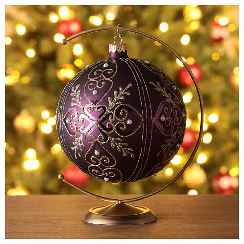 Christmas ball with glittery golden heart pattern and beads, dark purple blown glass, 150 mm 2