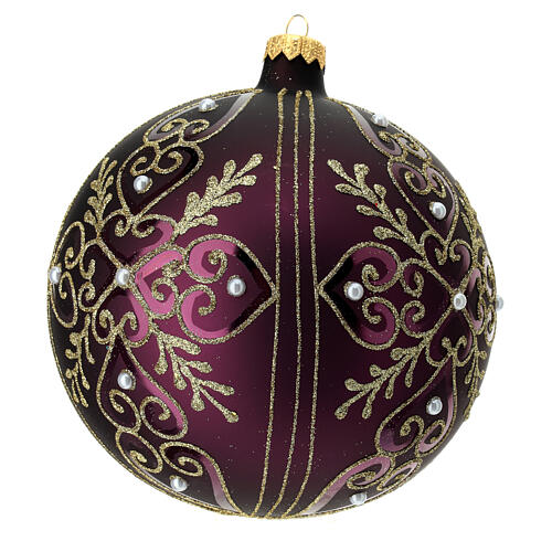 Christmas ball with glittery golden heart pattern and beads, dark purple blown glass, 150 mm 3