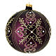 Christmas ball with glittery golden heart pattern and beads, dark purple blown glass, 150 mm s1