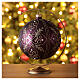Christmas ball with glittery golden heart pattern and beads, dark purple blown glass, 150 mm s2