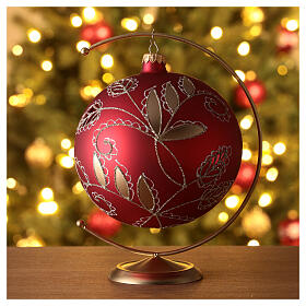 Christmas ball with golden leaf pattern, red blown glass, 150 mm