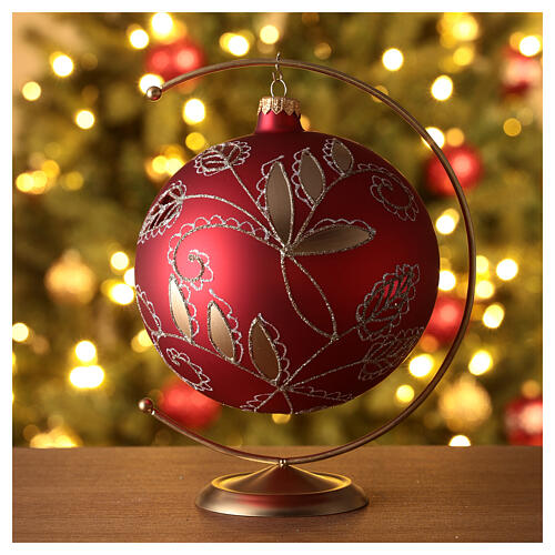 Christmas ball with golden leaf pattern, red blown glass, 150 mm 2