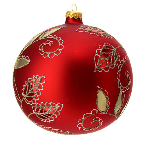 Christmas ball with golden leaf pattern, red blown glass, 150 mm 3