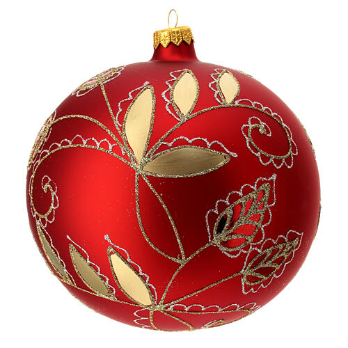 Bola árvore de Natal vidro soprado vermelho motivos florais dourados 150 mm 1