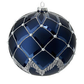 Christmas ball with glittery silver line pattern and white beads, dark blue blown glass, 150 mm