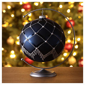 Christmas ball with glittery silver line pattern and white beads, dark blue blown glass, 150 mm