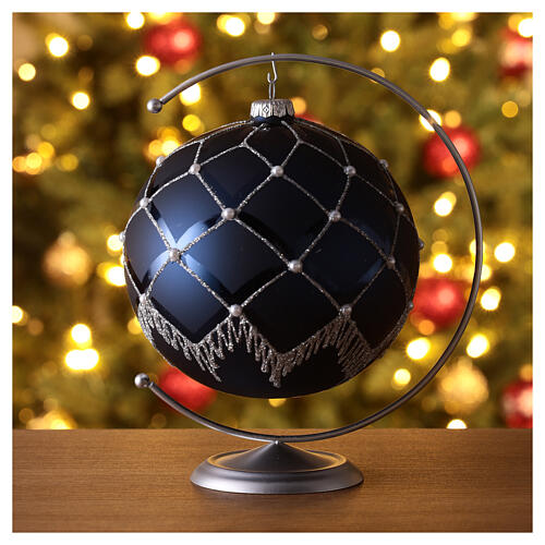 Christmas ball with glittery silver line pattern and white beads, dark blue blown glass, 150 mm 2
