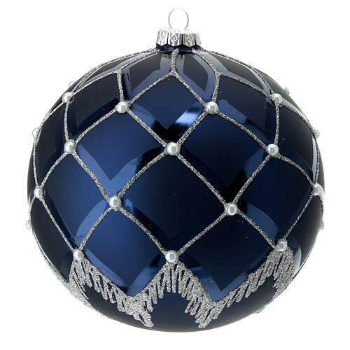 Christmas ball with glittery silver line pattern and white beads, dark blue blown glass, 150 mm 3