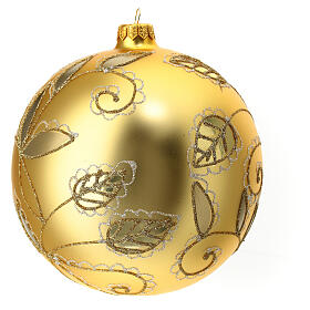 Christmas ball with white and golden leaf pattern, golden blown glass, 150 mm