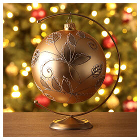 Christmas ball with white and golden leaf pattern, golden blown glass, 150 mm