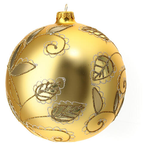 Christmas ball with white and golden leaf pattern, golden blown glass, 150 mm 1