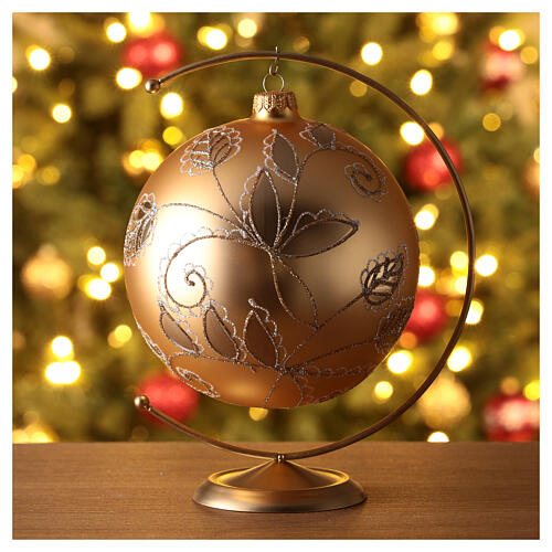Christmas ball with white and golden leaf pattern, golden blown glass, 150 mm 2