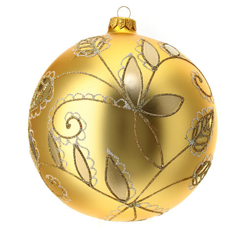 Christmas ball with white and golden leaf pattern, golden blown glass, 150 mm 3