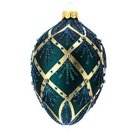 Oval Christmas ball with golden crossed lines, green glitter and iridescent beads, dark green blown glass, 100 mm