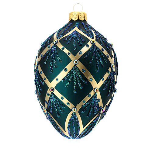 Oval Christmas ball with golden crossed lines, green glitter and iridescent beads, dark green blown glass, 100 mm 1