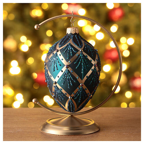 Oval Christmas ball with golden crossed lines, green glitter and iridescent beads, dark green blown glass, 100 mm 2